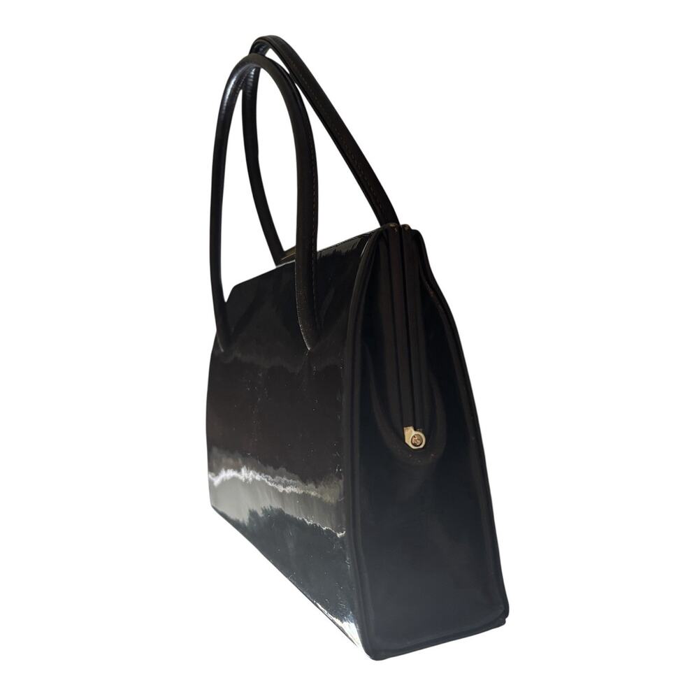 Waldybag Classic Dainty Dark Chestnut Brown Patent Leather Top Handles Bag 1950s - Picture 6 of 13